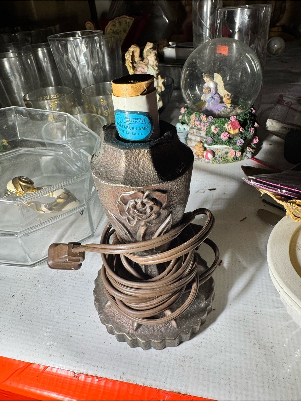Vintage Bronze Table Lamp Base with Floral Motif - Brown